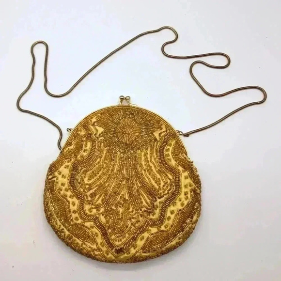 Handbags - Handmade Beaded Oval purse with Metal Strap yellow/gold